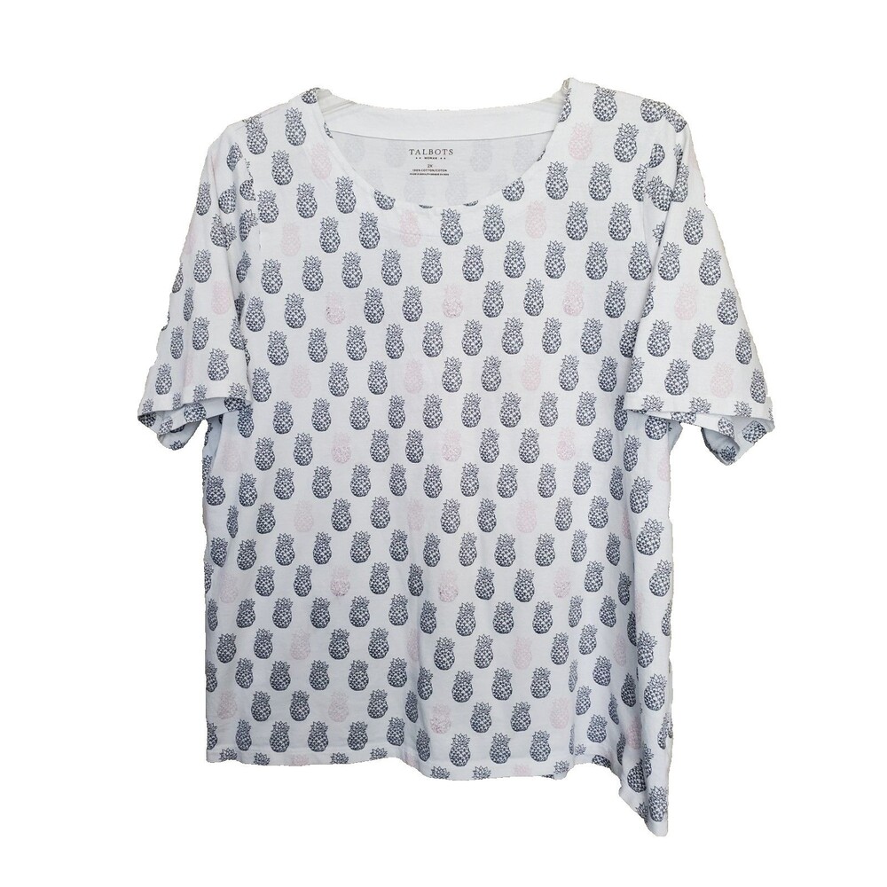 Talbots Woman Cotton Beaded-Accent Pineapple Print Short Sleeve T-Shirt Size 2X